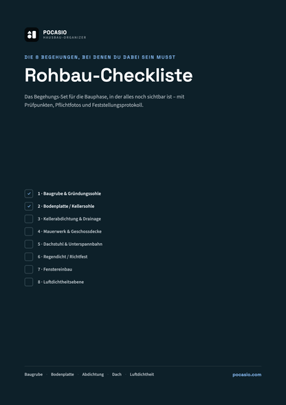 Rohbau-Checkliste zum Ausdrucken - 8 Begehungen mit Prüfpunkten & Fotoplan
